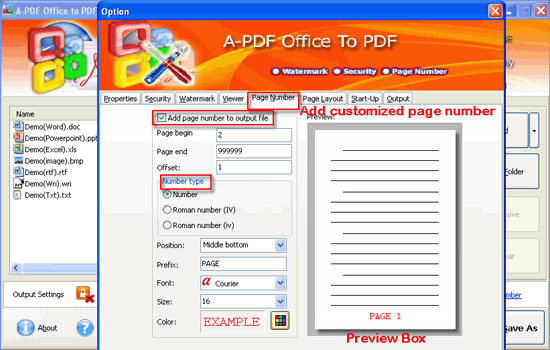 a-pdf office to pdf batch mode page number